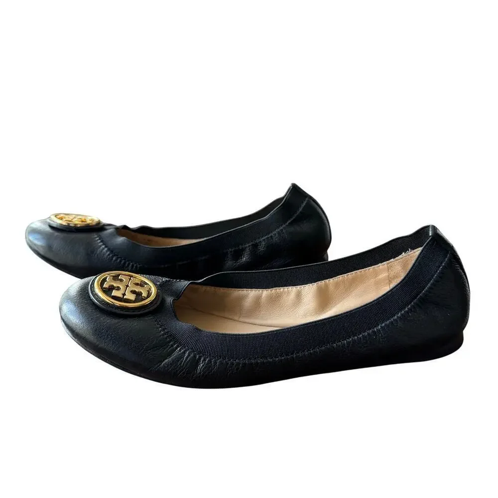 Tory Burch Claire Elastic Ballet Flats Shoes Perfect Black Gold Size 5.5 Comfort